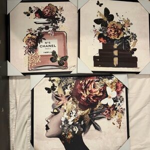 Wall Art Trio Floral Butterfly Chanel Motifs for Girls Teens Women’s Bedroom